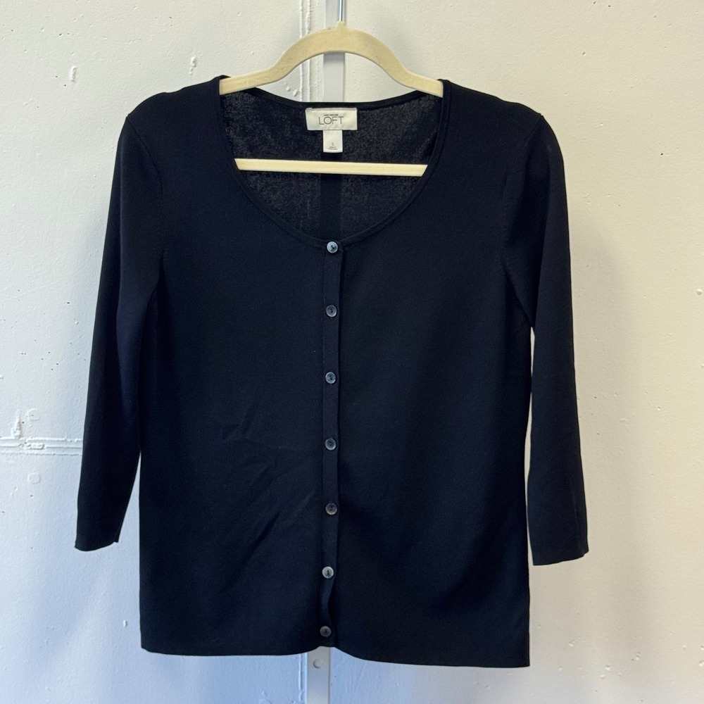 Ann Taylor LOFT Button Front Scoop Neck 3/4 Sleeve Cardigan Sweater Small Black